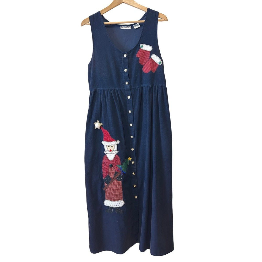 Vintage Sunbelt Christmas Jumper‎ Dress S Button Up Navy Corduroy Santa Applique